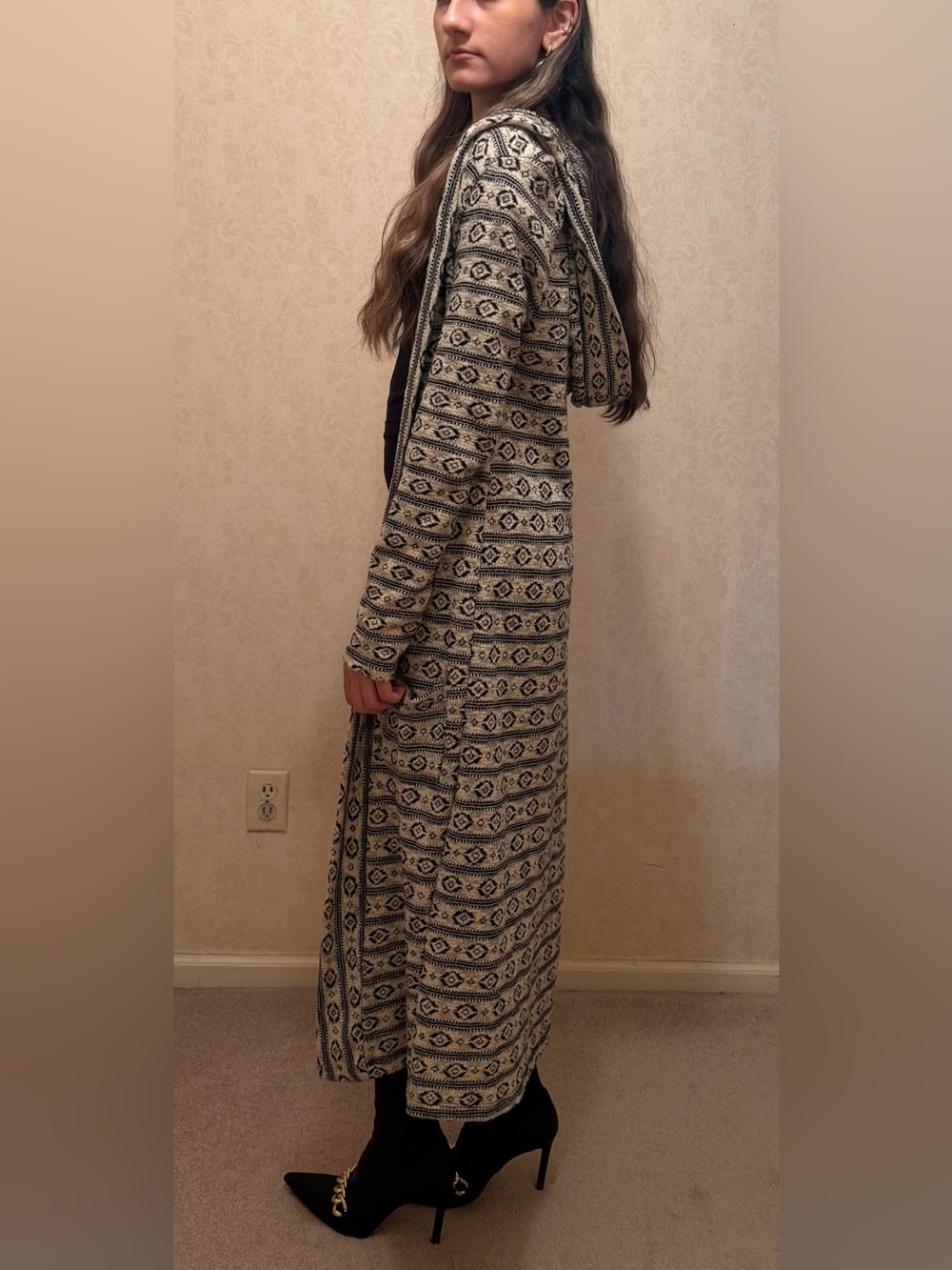 Boho Aztec Geometric Print Long Hooded Cardigan Duster - Made in Turkey-Size S